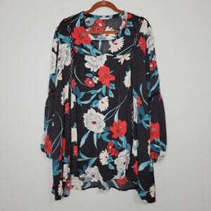 Oddy Long Sleeve Micro Dot Split Neck Tunic Top size 3XL Multicolor Floral Boho